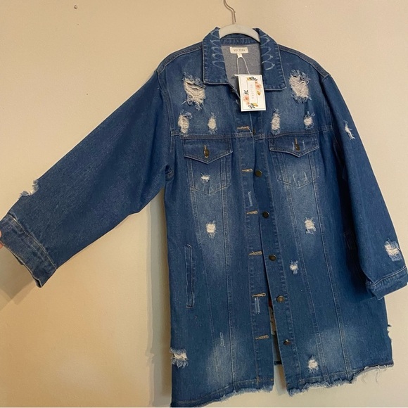 Velzera Embroidered Floral Distressed Denim Jean Jacket Size L - NWT - Picture 7 of 16